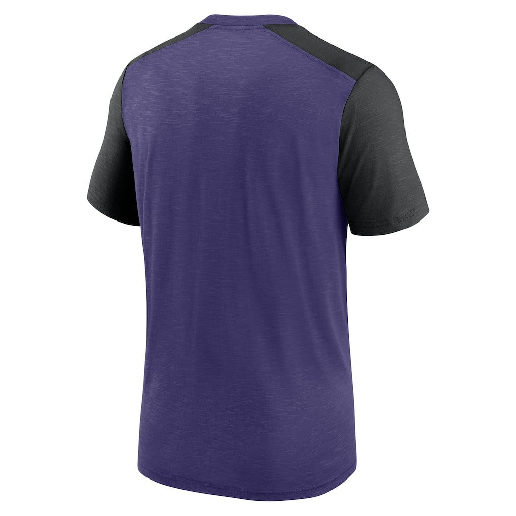 Baltimore Ravens Color Block Team Name T-Shirt Heathered Purple/Heathered Black | Nike for Sale