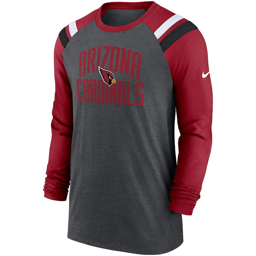 Arizona Cardinals Tri-Blend Raglan Athletic Long Sleeve Fashion T-Shirt Heathered Charcoal/Cardinal | Nike for Sale