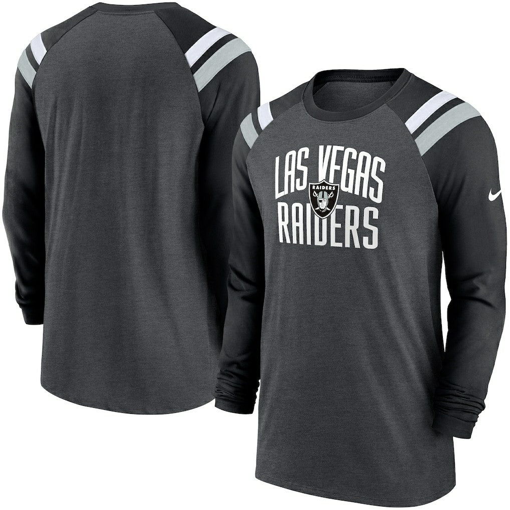 Las Vegas Raiders Tri-Blend Raglan Athletic Long Sleeve Fashion T-Shirt Heathered Charcoal/Black | Nike for Sale