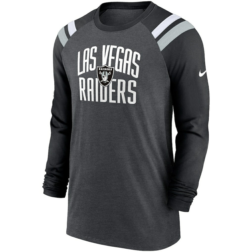 Las Vegas Raiders Tri-Blend Raglan Athletic Long Sleeve Fashion T-Shirt Heathered Charcoal/Black | Nike for Sale
