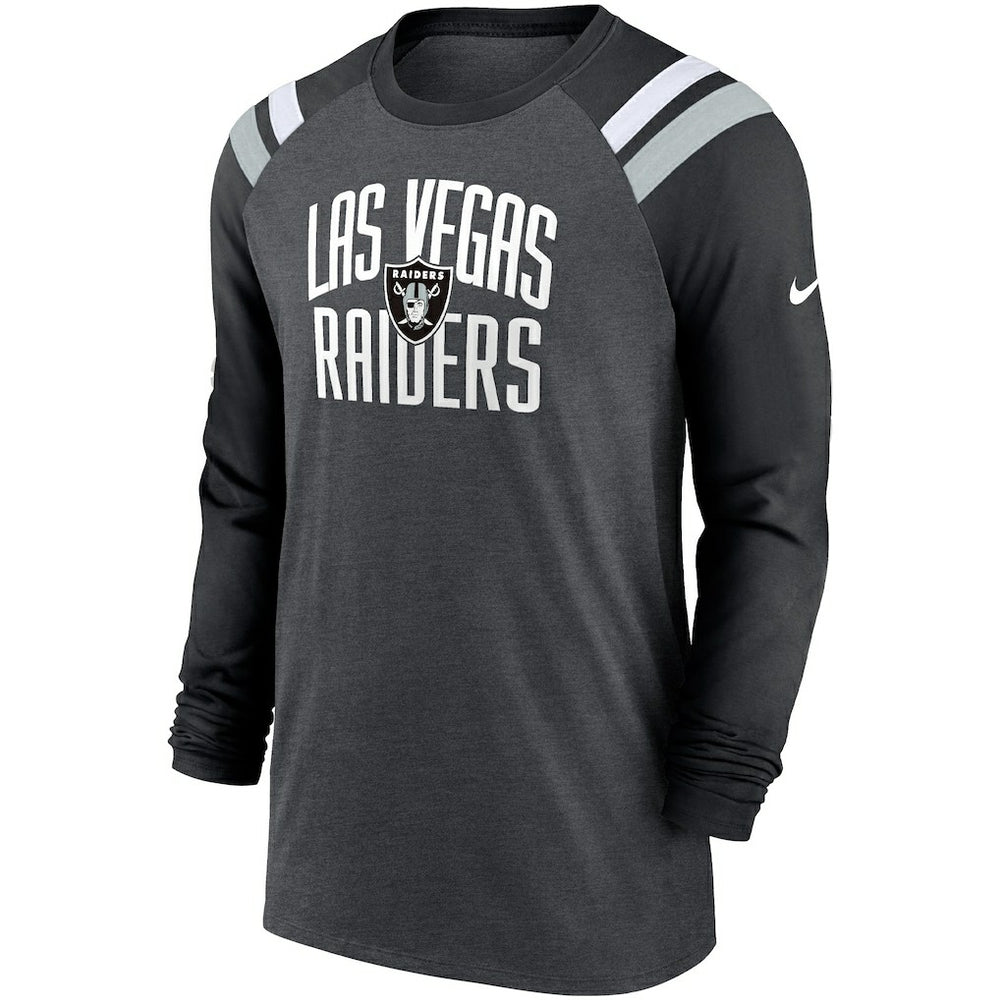 Las Vegas Raiders Tri-Blend Raglan Athletic Long Sleeve Fashion T-Shirt Heathered Charcoal/Black | Nike for Sale