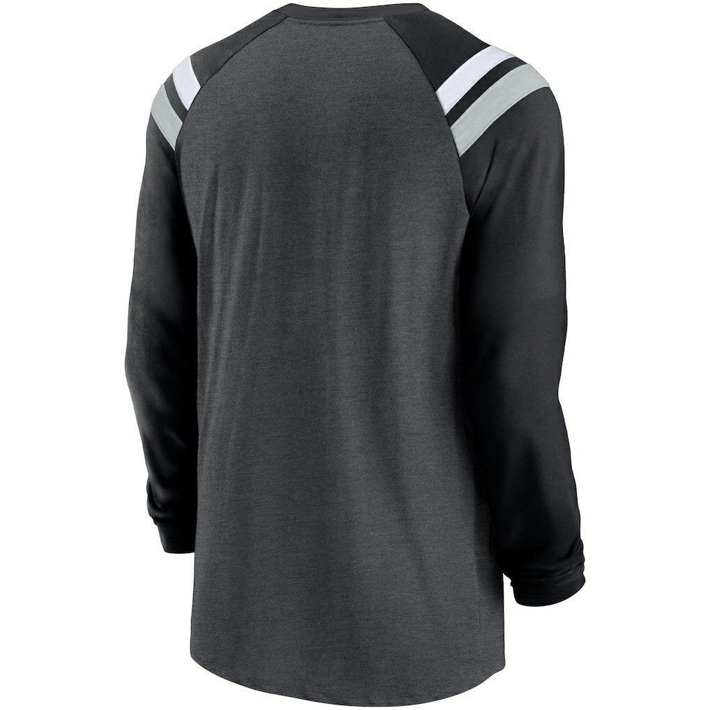 Las Vegas Raiders Tri-Blend Raglan Athletic Long Sleeve Fashion T-Shirt Heathered Charcoal/Black | Nike for Sale