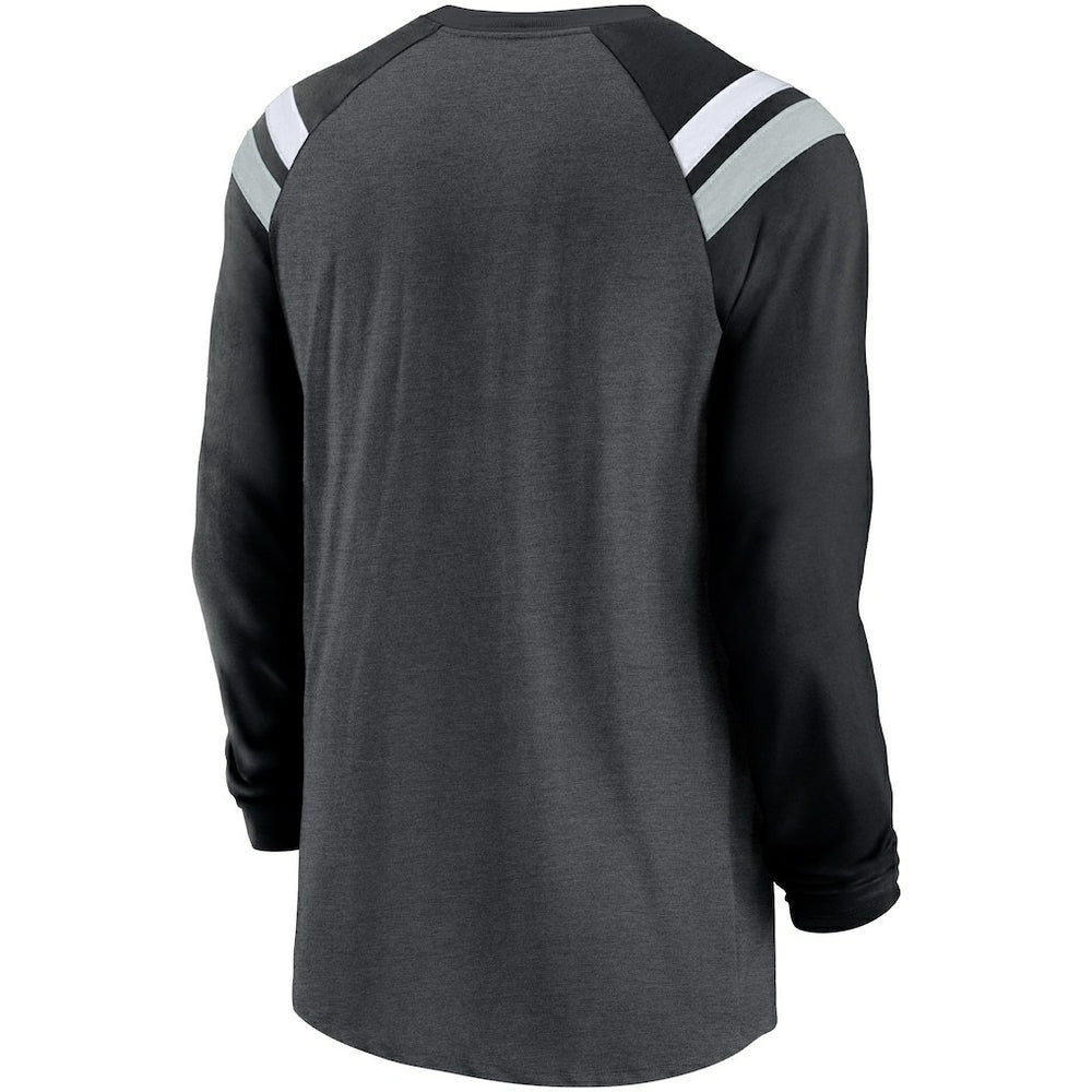 Las Vegas Raiders Tri-Blend Raglan Athletic Long Sleeve Fashion T-Shirt Heathered Charcoal/Black | Nike for Sale