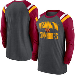 Washington Commanders Tri-Blend Raglan Athletic Long Sleeve Fashion T-Shirt Heathered Charcoal/Burgundy | Nike for Sale