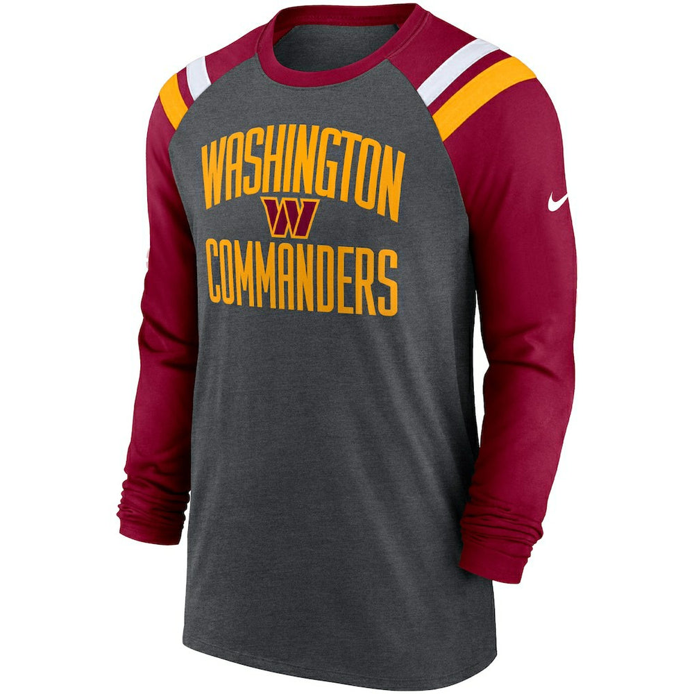 Washington Commanders Tri-Blend Raglan Athletic Long Sleeve Fashion T-Shirt Heathered Charcoal/Burgundy | Nike for Sale