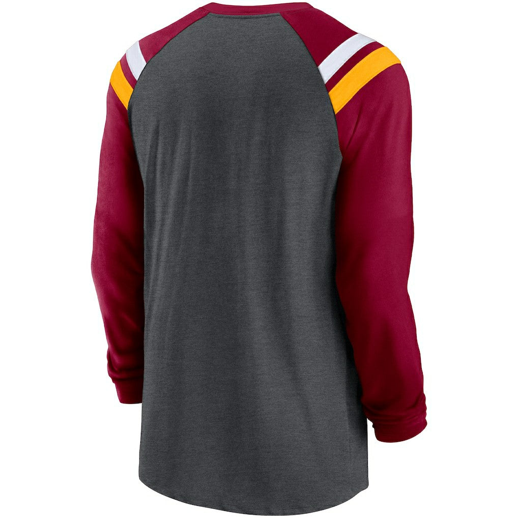 Washington Commanders Tri-Blend Raglan Athletic Long Sleeve Fashion T-Shirt Heathered Charcoal/Burgundy | Nike for Sale