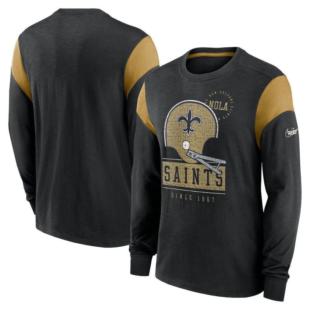New Orleans Saints Rewind Playback Helmet Long Sleeve T-Shirt Heather Black | Nike for Sale