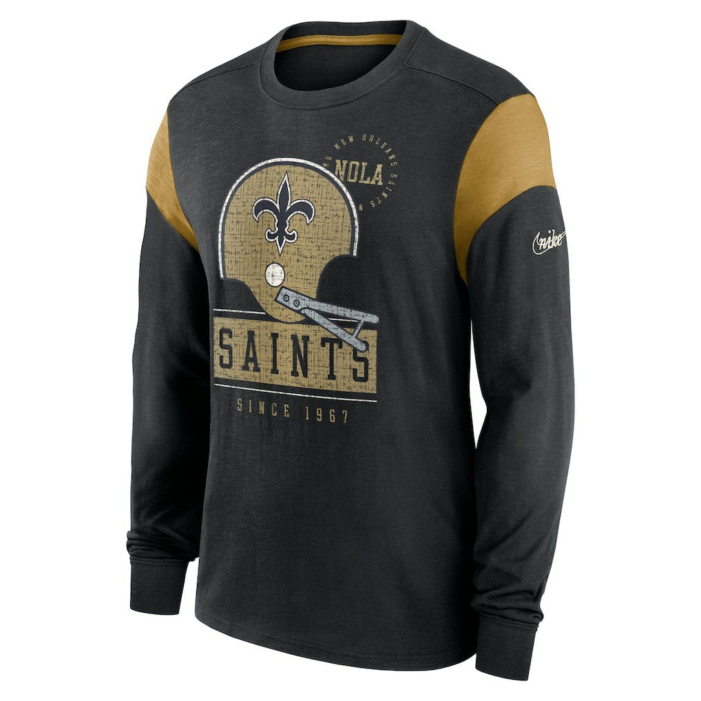 New Orleans Saints Rewind Playback Helmet Long Sleeve T-Shirt Heather Black | Nike for Sale