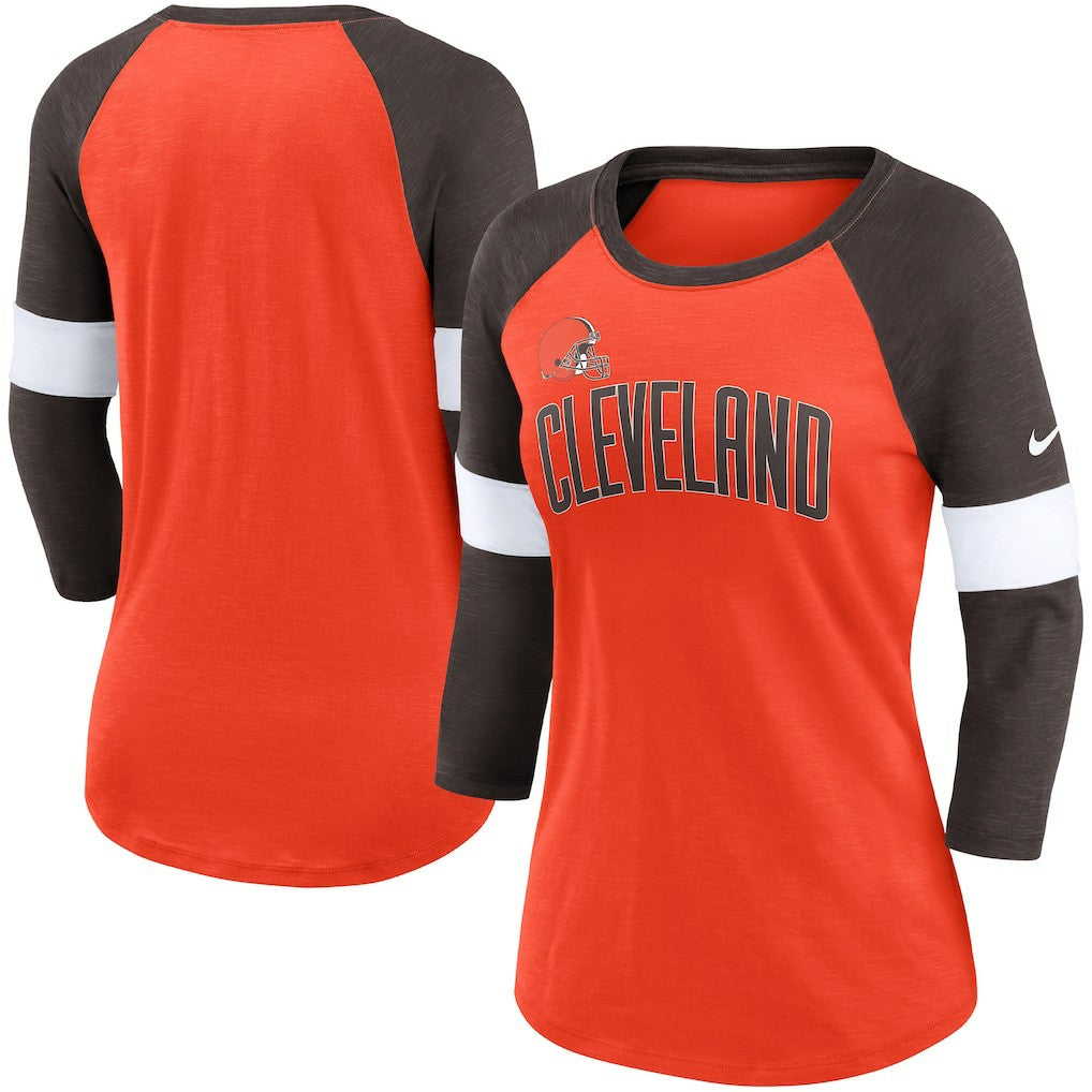 Cleveland Browns Women's Football Pride Slub 3/4 Raglan Sleeve T-Shirt Heathered Orange/Brown | Nike for Sale