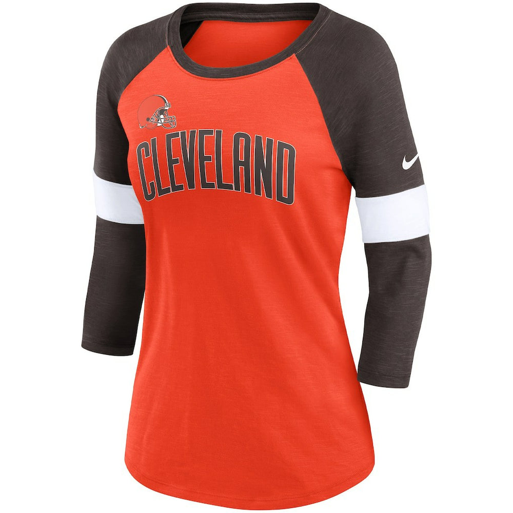 Cleveland Browns Women's Football Pride Slub 3/4 Raglan Sleeve T-Shirt Heathered Orange/Brown | Nike for Sale