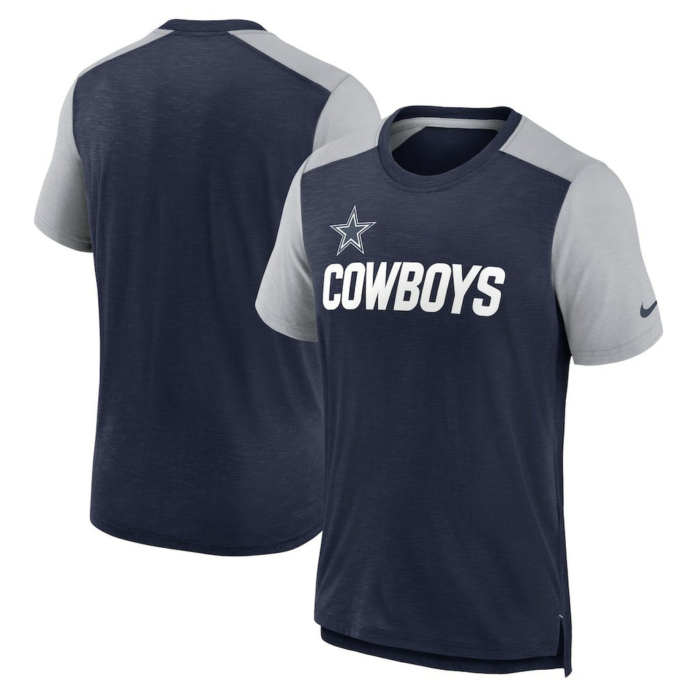 Dallas Cowboys Color Block Team Name T-Shirt Heathered Navy/Heathered Gray | Nike for Sale