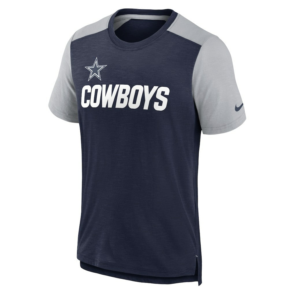 Dallas Cowboys Color Block Team Name T-Shirt Heathered Navy/Heathered Gray | Nike for Sale