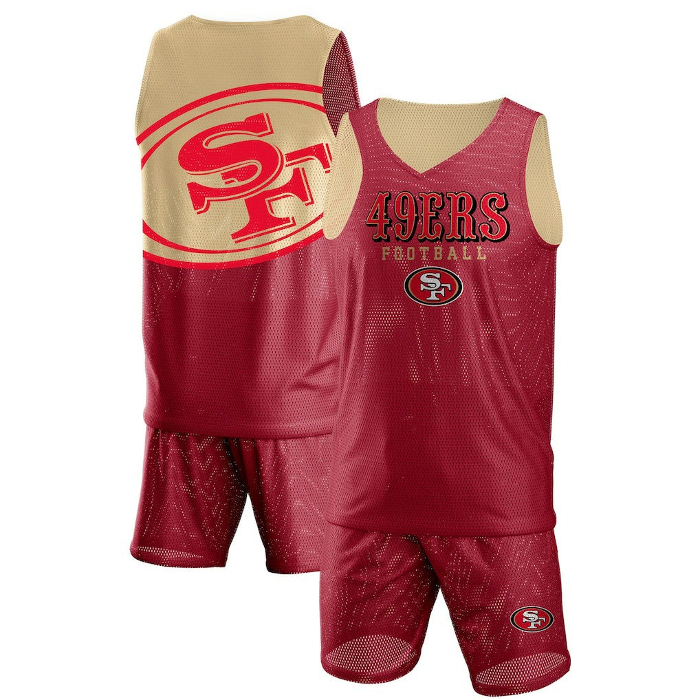 San Francisco 49ers FOCO Colorblock Mesh V-Neck & Shorts Set Scarlet | NFL
