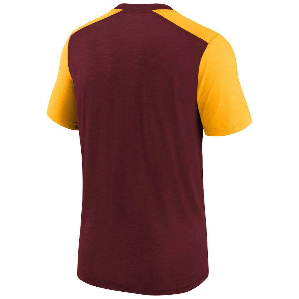 Washington Commanders Youth Colorblock Team Name T-Shirt Heathered Burgundy/Heathered Gold | Nike for Sale
