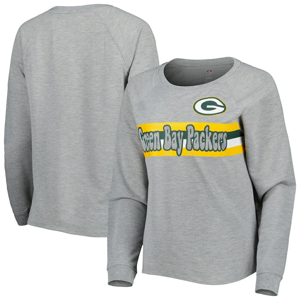 Green Bay Packers Juniors All Striped Up Raglan Long Sleeve T-Shirt Heathered Gray | NFL