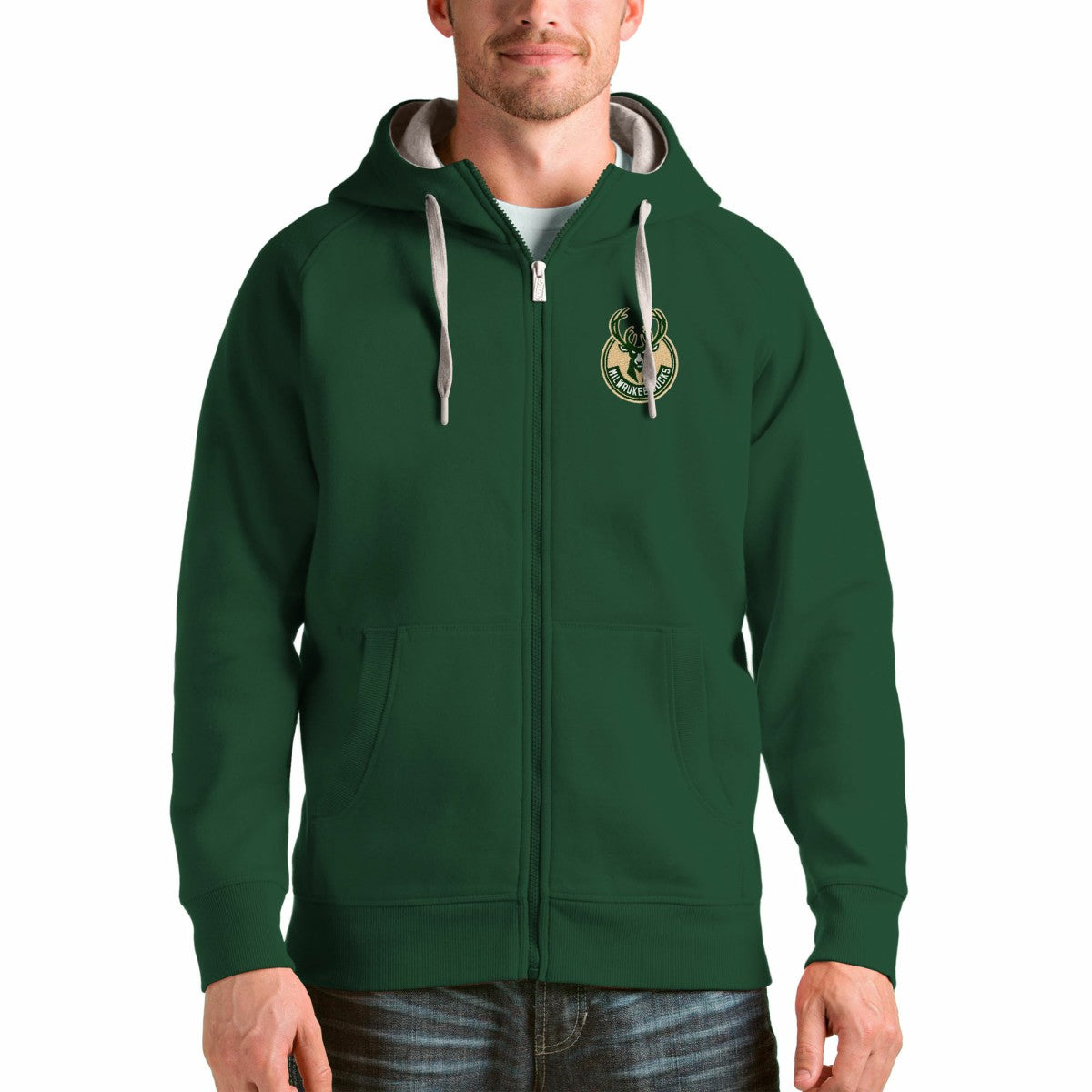 Milwaukee Bucks Antigua Logo Victory Full-Zip Hoodie Hunter Green - NBA