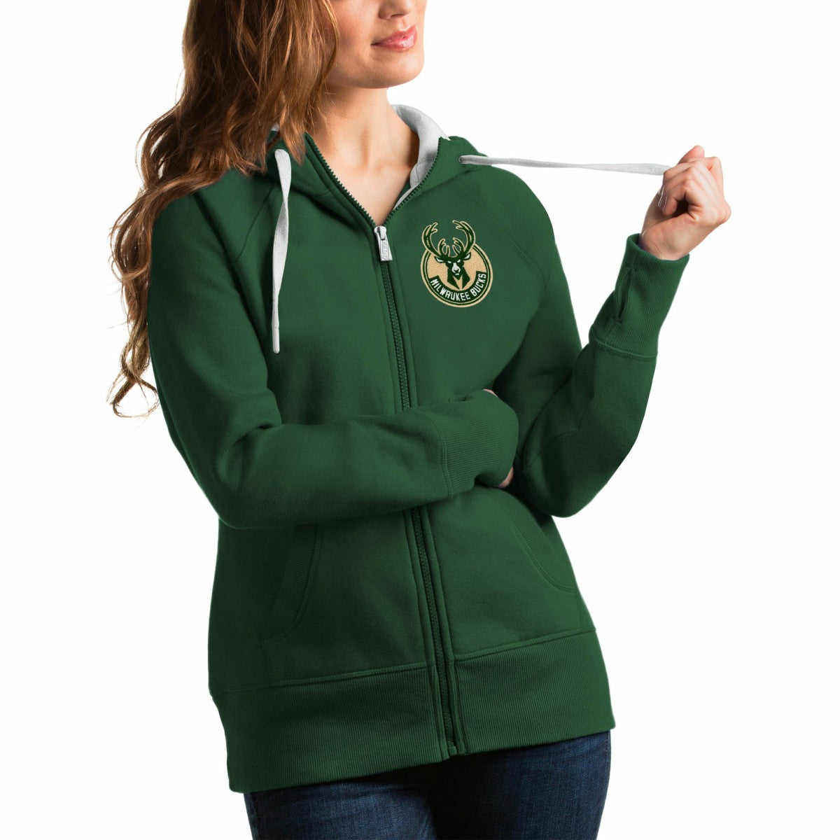 Milwaukee Bucks Antigua Women's Victory Full-Zip Hoodie Hunter Green - NBA