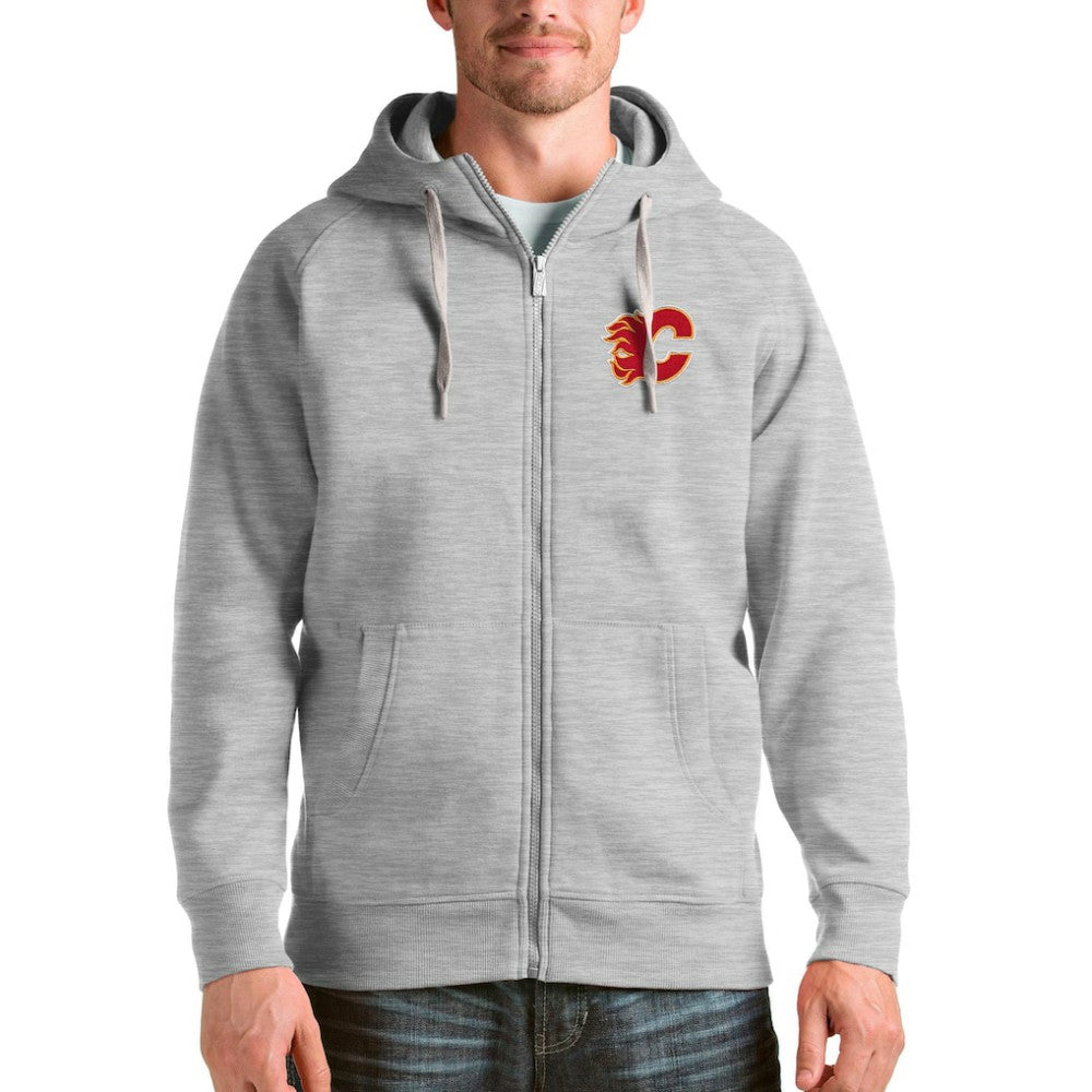 Calgary Flames Antigua Logo Victory Full-Zip Hoodie - Heathered Gray - NHL