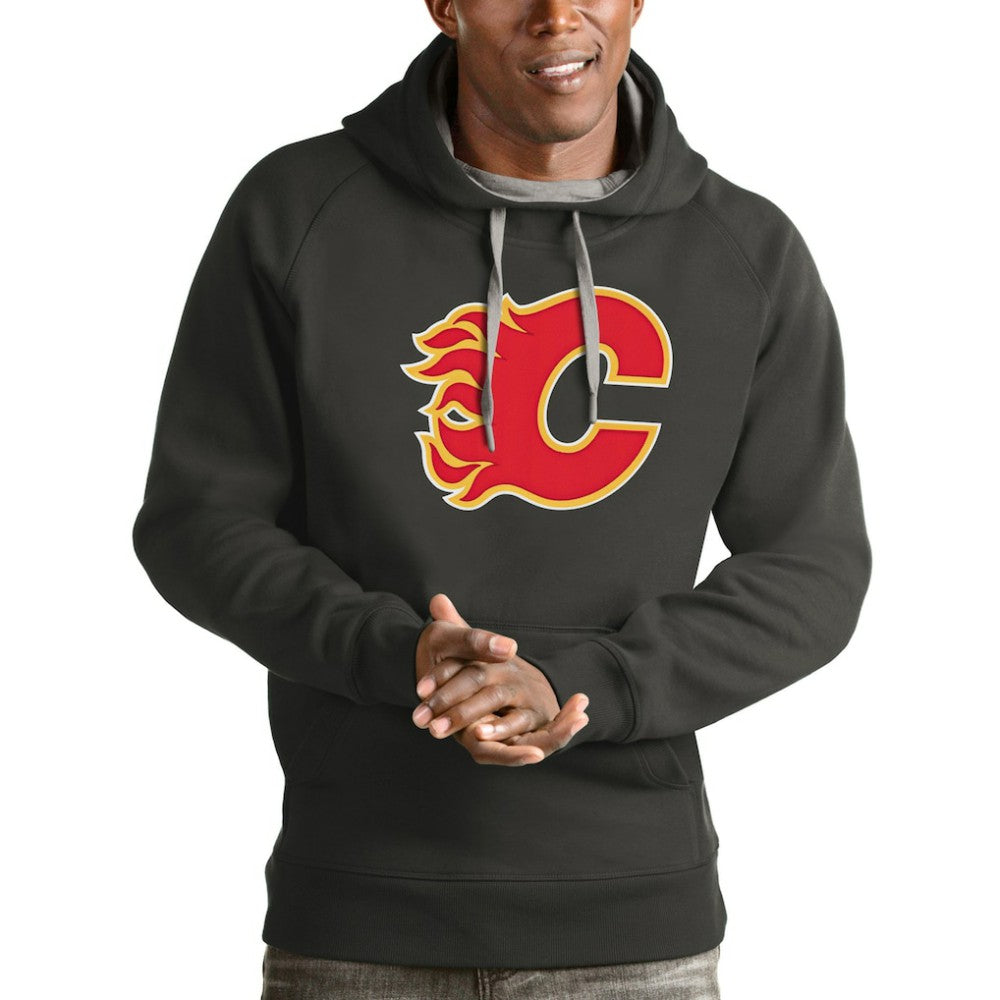 Calgary Flames Antigua Logo Victory Pullover Hoodie - Charcoal - NHL