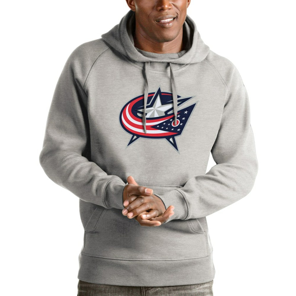 Columbus Blue Jackets Antigua Logo Victory Pullover Hoodie - Heathered Gray - NHL