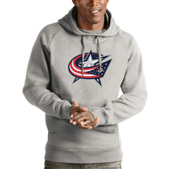 Columbus Blue Jackets Antigua Logo Victory Pullover Hoodie - Heathered Gray - NHL