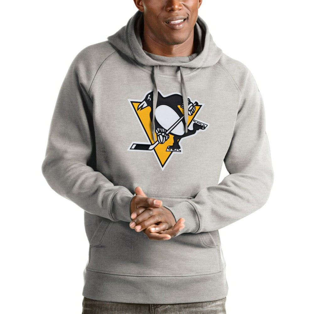 Pittsburgh Penguins Antigua Logo Victory Pullover Hoodie - Heathered Gray - NHL
