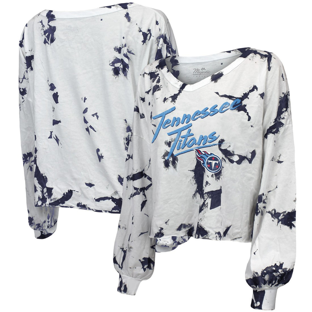 Tennessee Titans Majestic Threads Women's Off-Shoulder Tie-Dye V-Neck Long Sleeve T-Shirt White/Navy | NFL