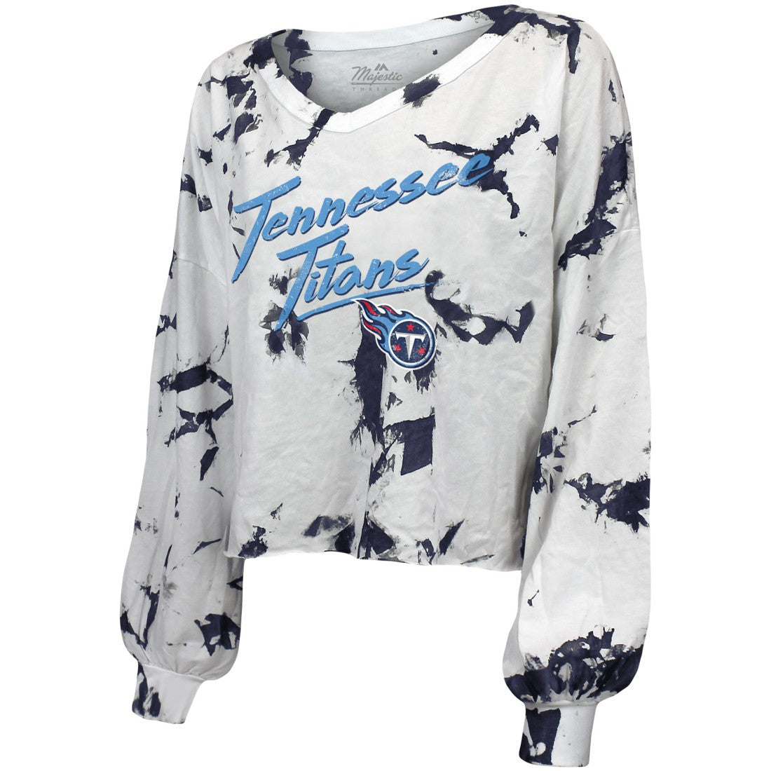 Tennessee Titans Majestic Threads Women's Off-Shoulder Tie-Dye V-Neck Long Sleeve T-Shirt White/Navy | NFL