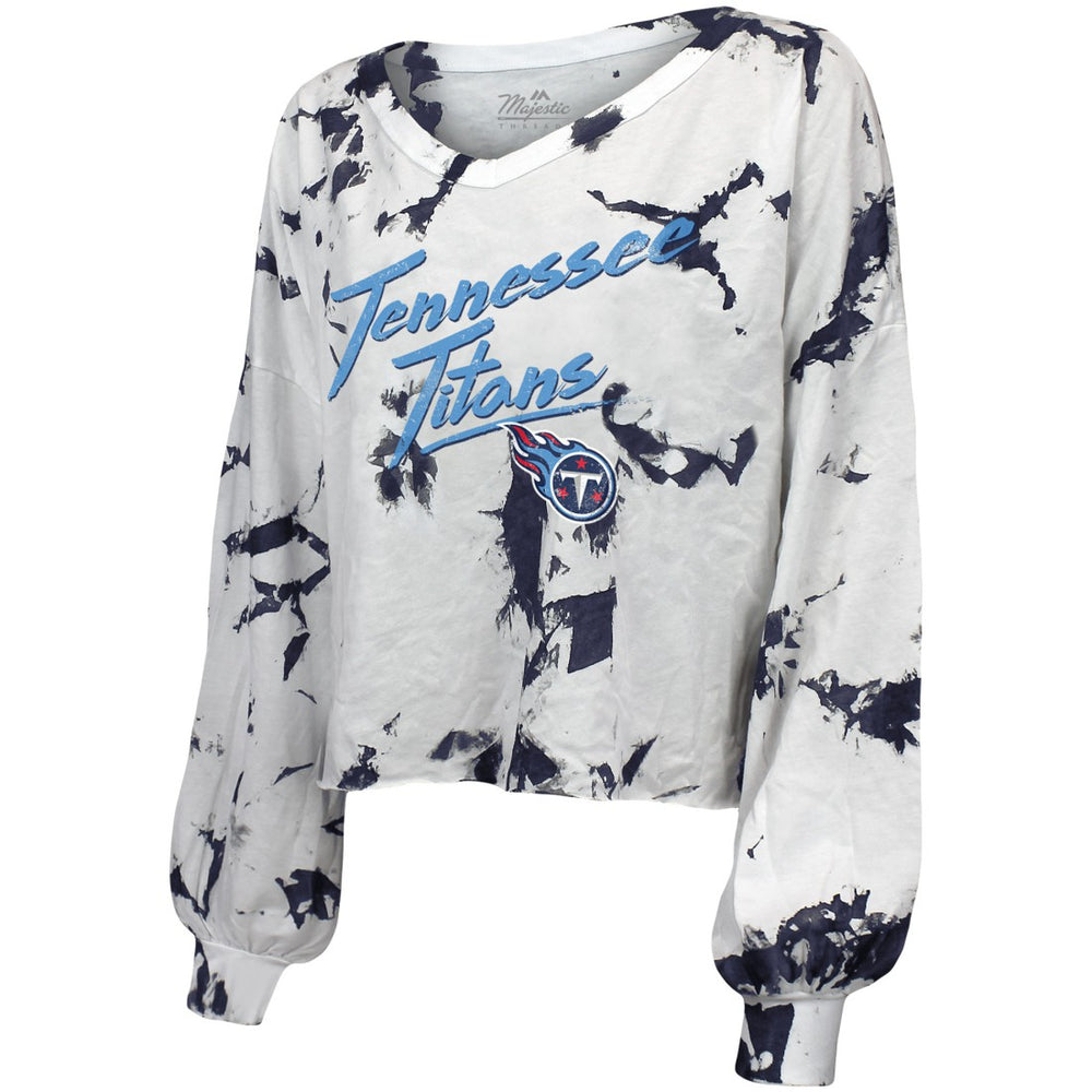 Tennessee Titans Majestic Threads Women's Off-Shoulder Tie-Dye V-Neck Long Sleeve T-Shirt White/Navy | NFL