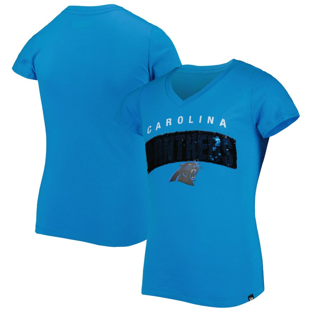 Carolina Panthers New Era Girls Youth Reverse Sequin Wordmark V-Neck T-Shirt Blue | NFL
