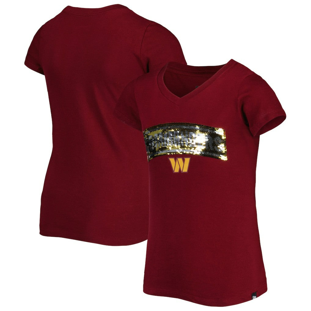Washington Commanders New Era Girls Youth Reverse Sequin Wordmark V-Neck T-Shirt Burgundy | NFL