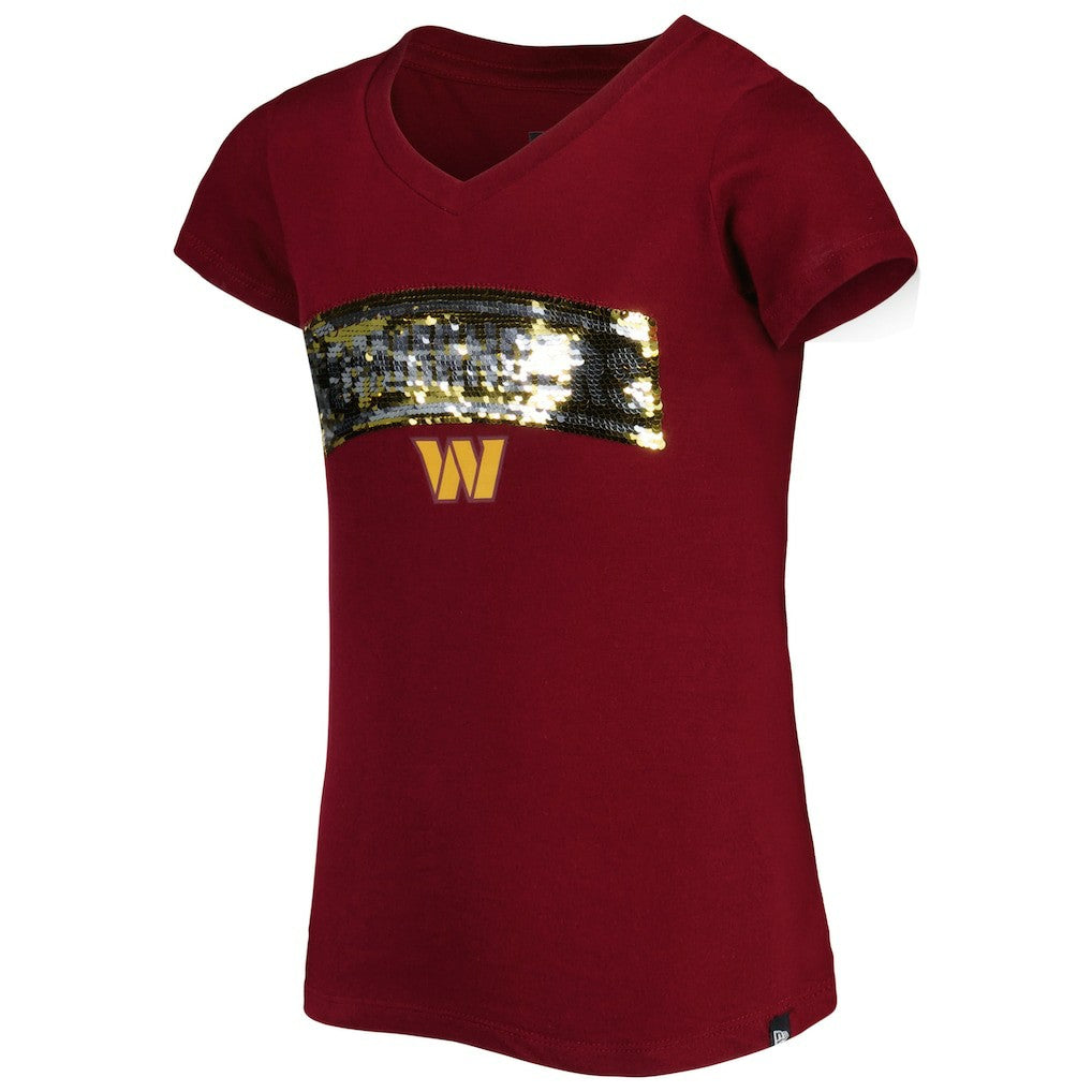 Washington Commanders New Era Girls Youth Reverse Sequin Wordmark V-Neck T-Shirt Burgundy | NFL