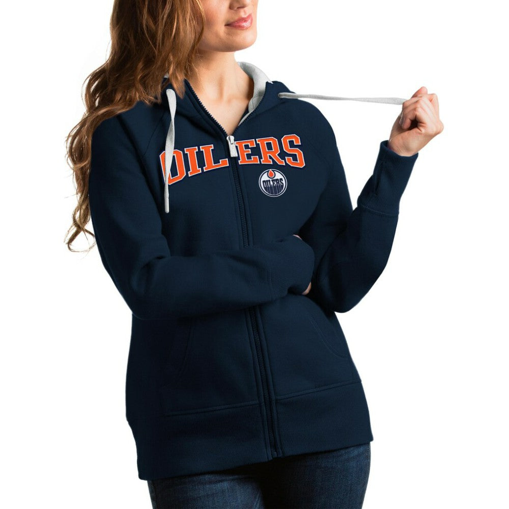 Edmonton Oilers Antigua Women's Wordmark Victory Full-Zip Hoodie - Navy - NHL