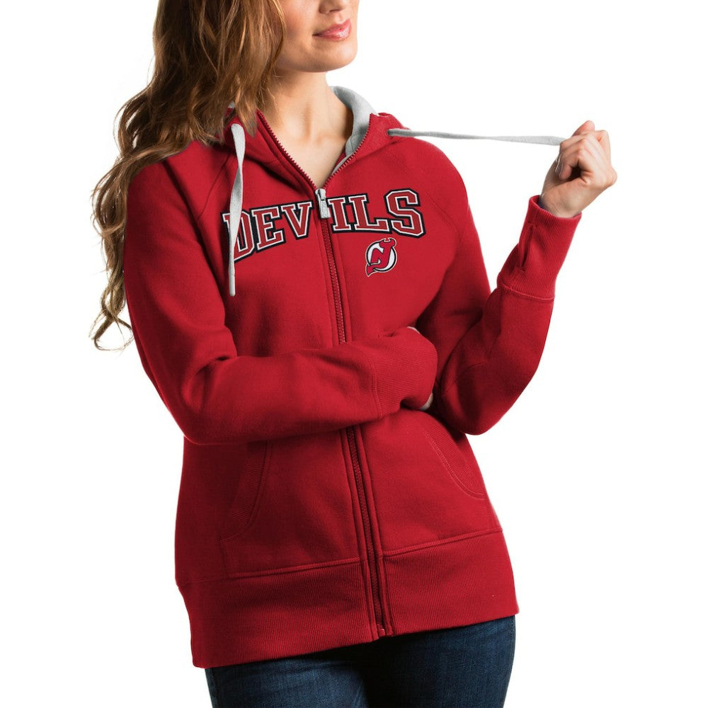 New Jersey Devils Antigua Women's Wordmark Victory Full-Zip Hoodie - Red - NHL