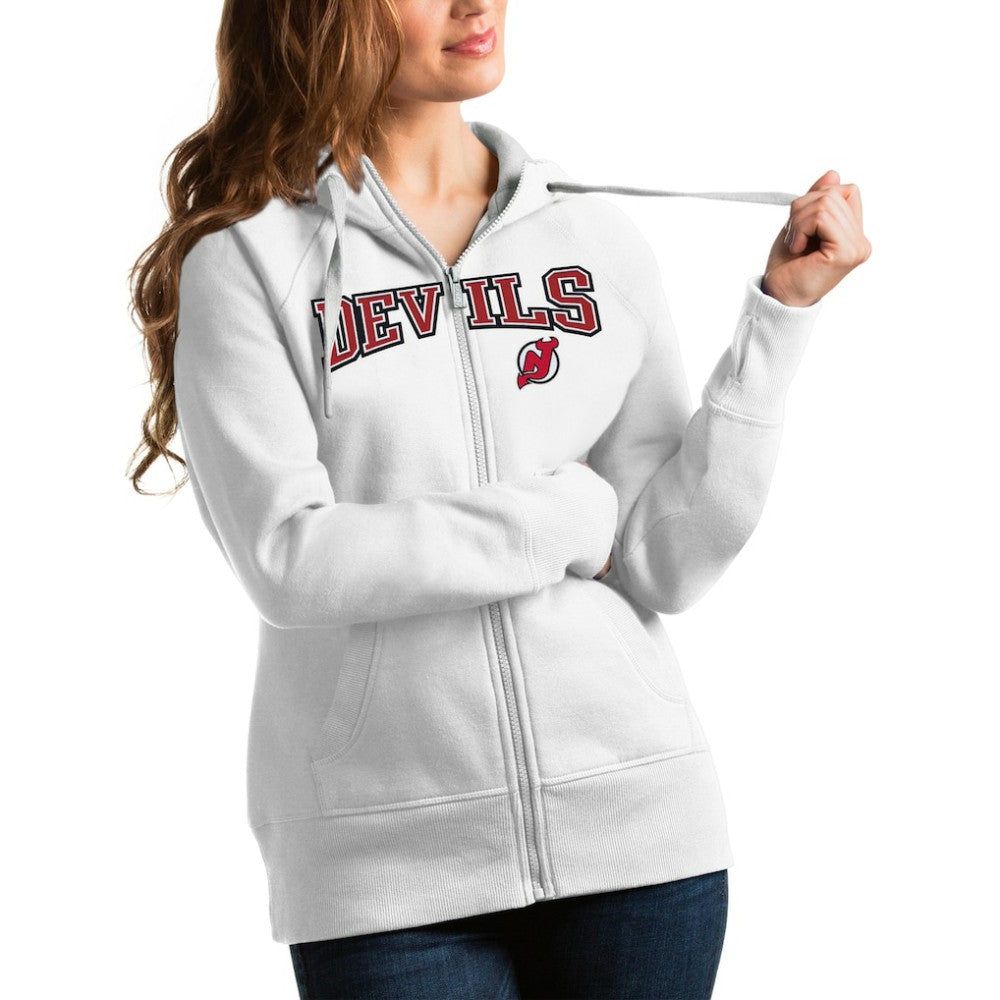 New Jersey Devils Antigua Women's Wordmark Victory Full-Zip Hoodie - White - NHL