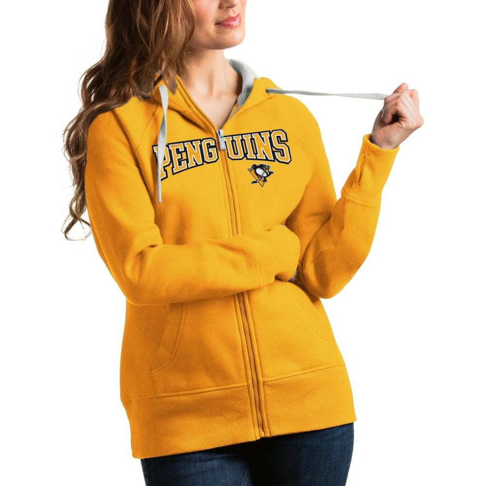Pittsburgh Penguins Antigua Women's Wordmark Victory Full-Zip Hoodie - Gold - NHL