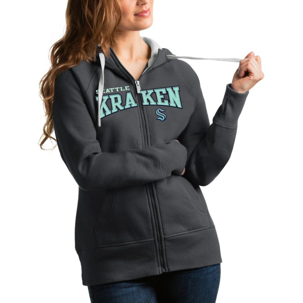 Seattle Kraken Antigua Women's Wordmark Victory Full-Zip Hoodie - Charcoal - NHL