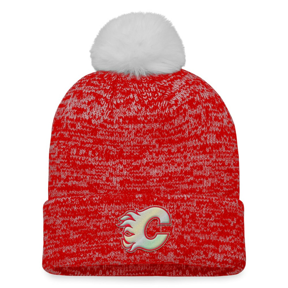 Calgary Flames Fanatics Women's Glimmer Cuffed Knit Hat with Pom - Red - NHL