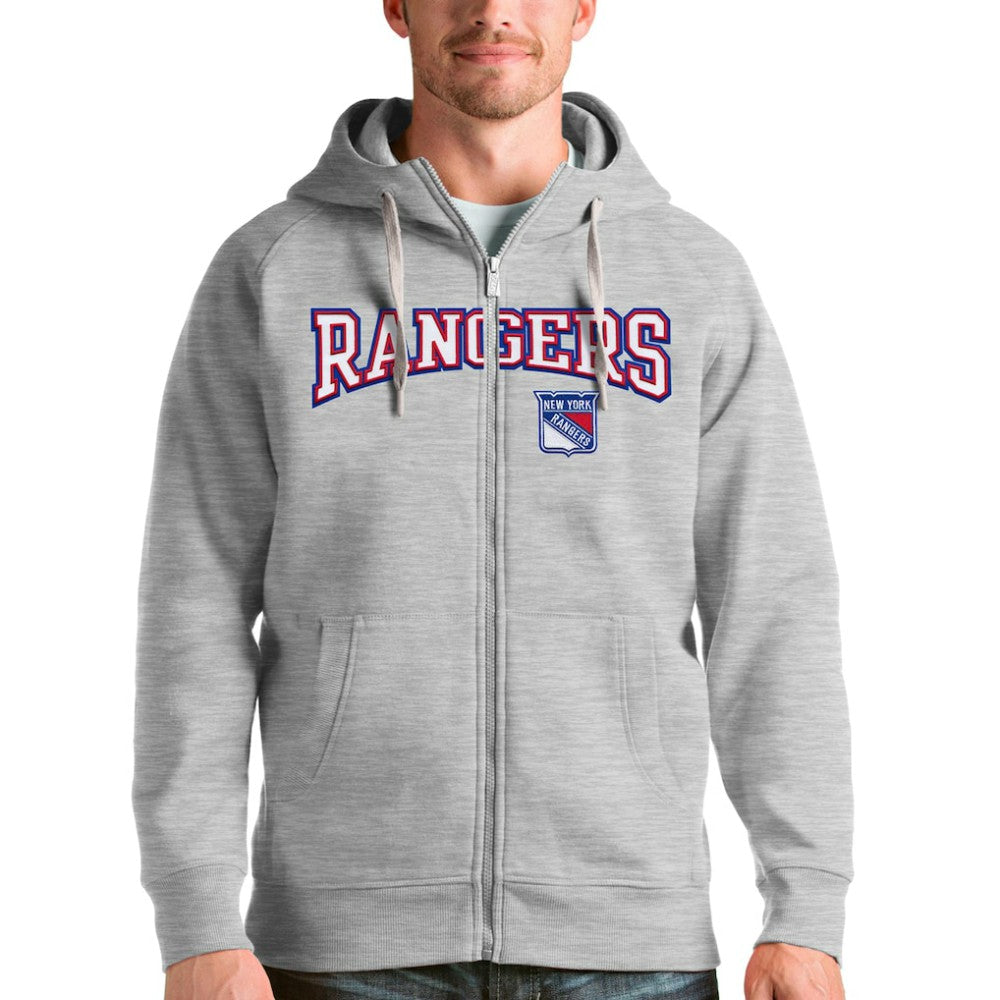 New York Rangers Antigua Wordmark Victory Full-Zip Hoodie - Heathered Gray - NHL