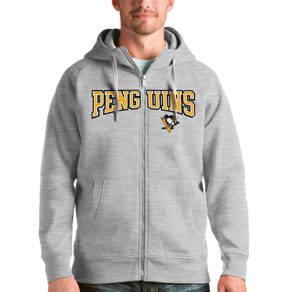 Pittsburgh Penguins Antigua Wordmark Victory Full-Zip Hoodie - Heathered Gray - NHL