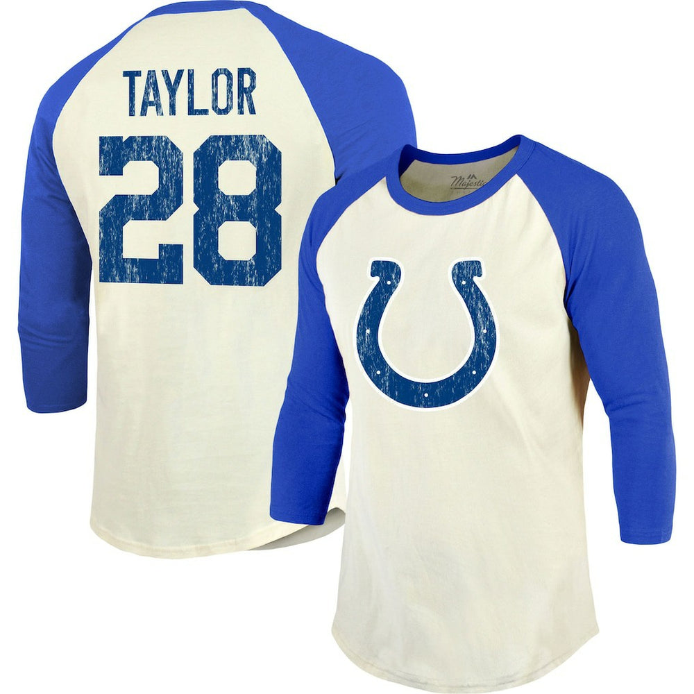 Jonathan Taylor Indianapolis Colts Majestic Threads Vintage Player Name & Number Raglan 3/4-Sleeve T-Shirt Cream/Royal | NFL