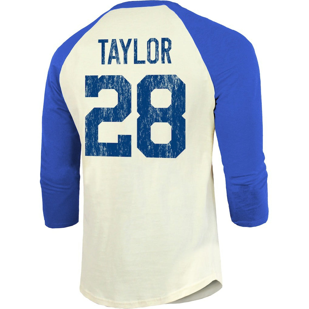 Jonathan Taylor Indianapolis Colts Majestic Threads Vintage Player Name & Number Raglan 3/4-Sleeve T-Shirt Cream/Royal | NFL