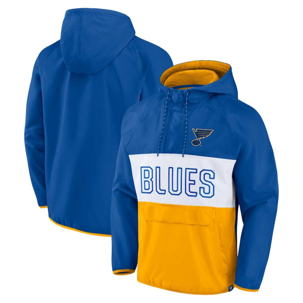 St. Louis Blues Fanatics Backhand Shooter Defender Anorak Raglan Hoodie Quarter-Zip Jacket - Blue/Gold - NHL