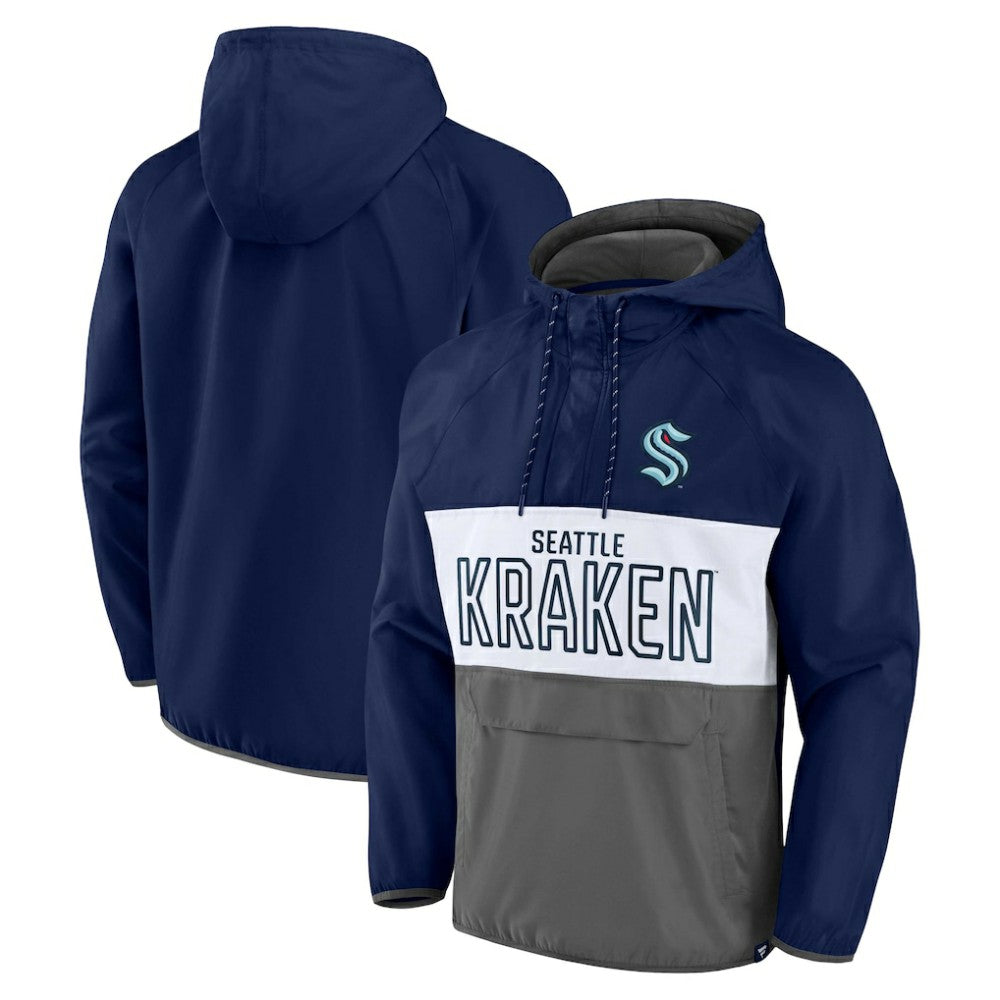 Seattle Kraken Fanatics Backhand Shooter Defender Anorak Raglan Hoodie Quarter-Zip Jacket - Deep Sea Blue/Gray - NHL