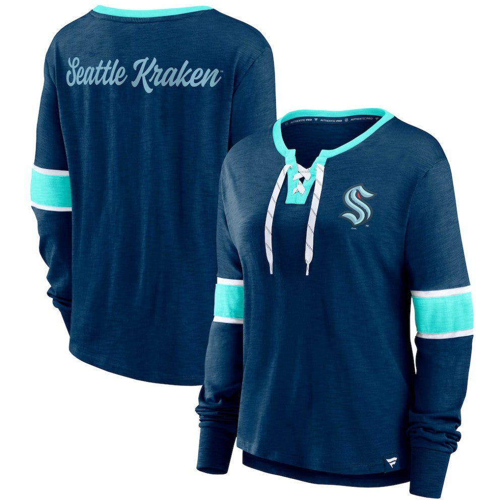 Seattle Kraken Fanatics Women's Effervescent Exclusive Notch Neck Lace-Up Long Sleeve Slub T-Shirt - Navy - NHL