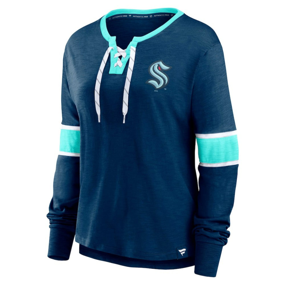 Seattle Kraken Fanatics Women's Effervescent Exclusive Notch Neck Lace-Up Long Sleeve Slub T-Shirt - Navy - NHL