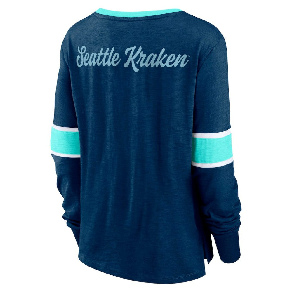 Seattle Kraken Fanatics Women's Effervescent Exclusive Notch Neck Lace-Up Long Sleeve Slub T-Shirt - Navy - NHL