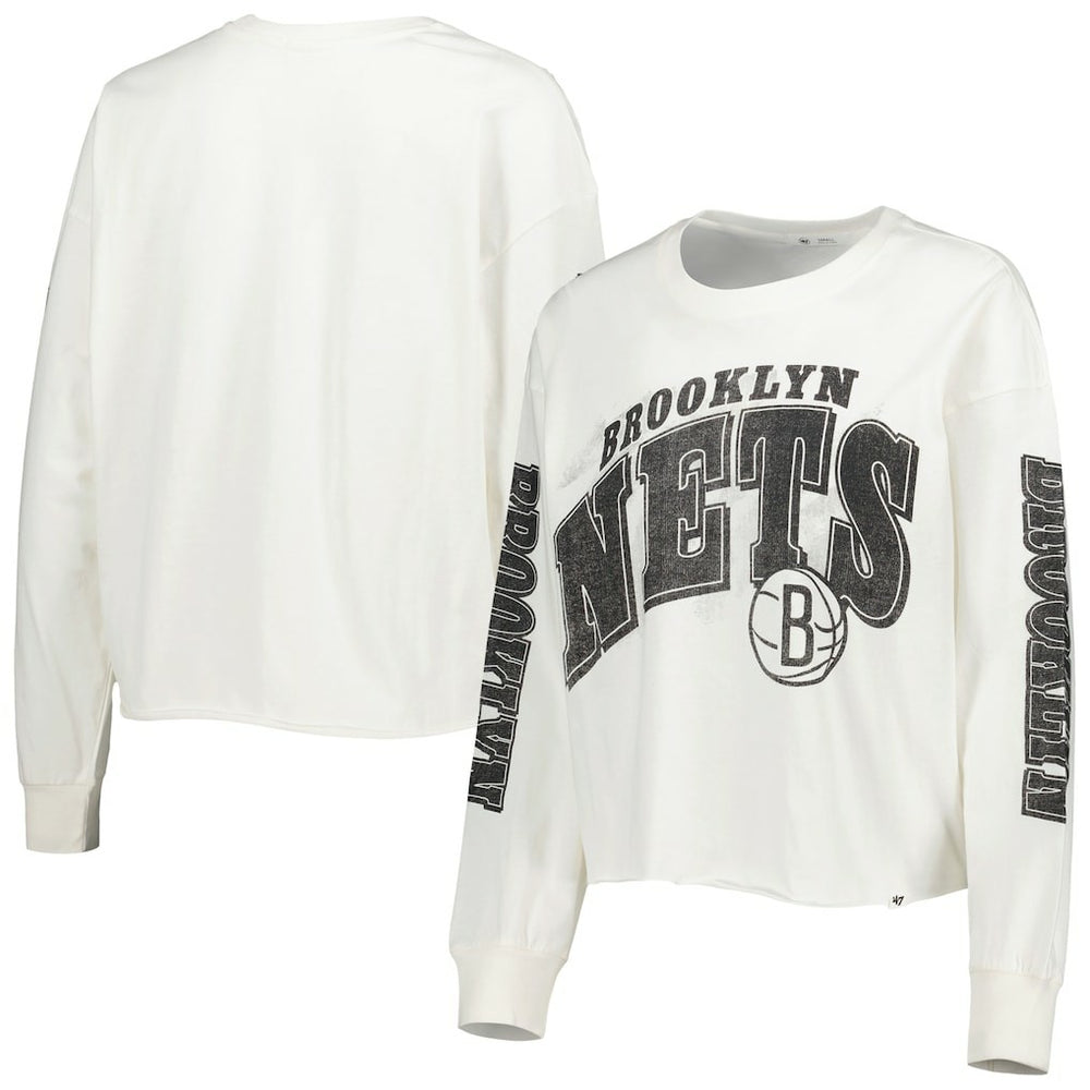 Brooklyn Nets '47 Women's Parkway Brush Back Long Sleeve Cropped T-Shirt Cream - NBA