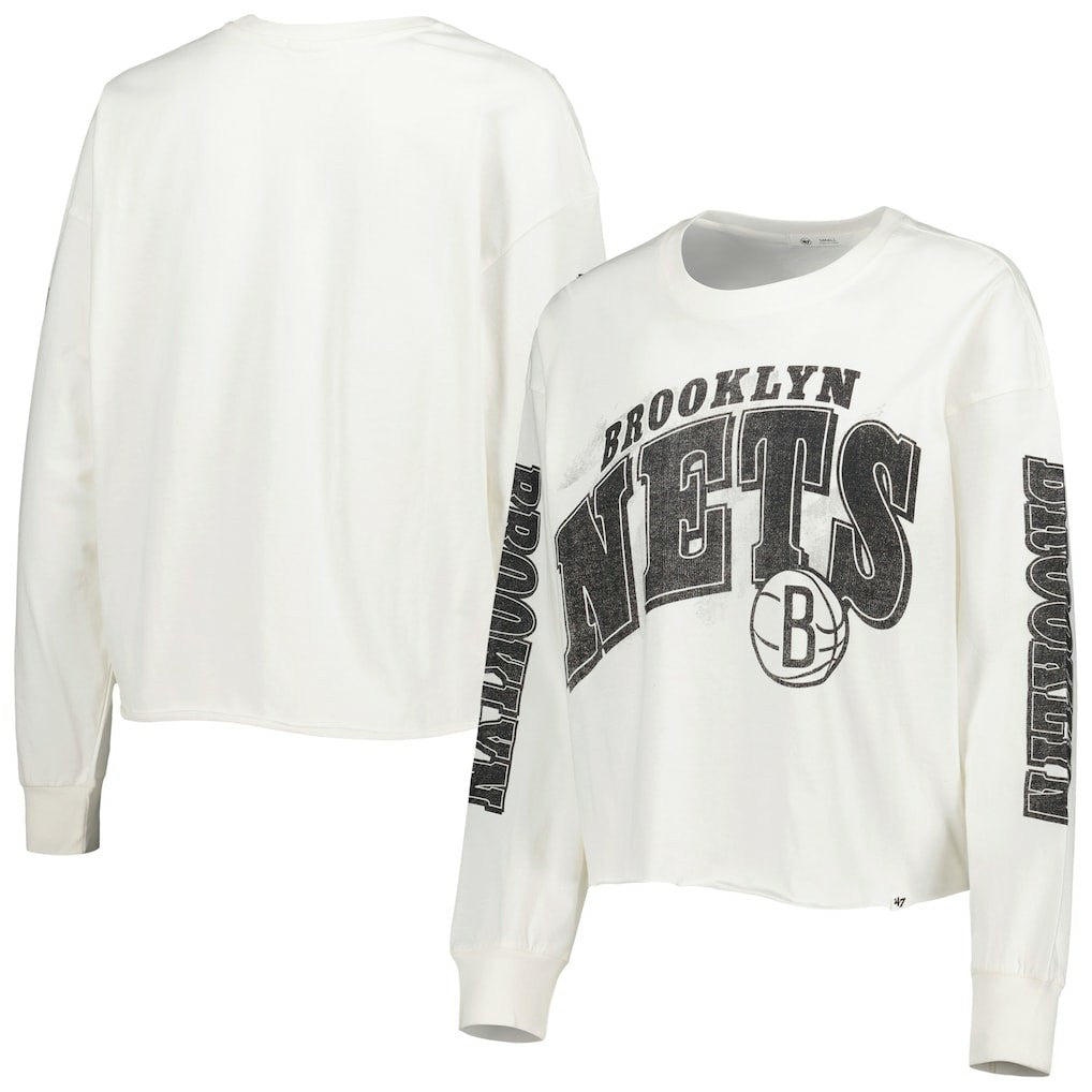 Brooklyn Nets '47 Women's Parkway Brush Back Long Sleeve Cropped T-Shirt Cream - NBA