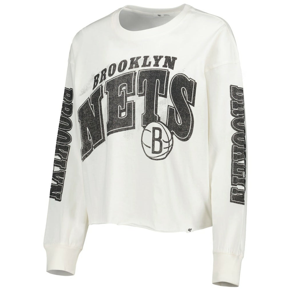 Brooklyn Nets '47 Women's Parkway Brush Back Long Sleeve Cropped T-Shirt Cream - NBA